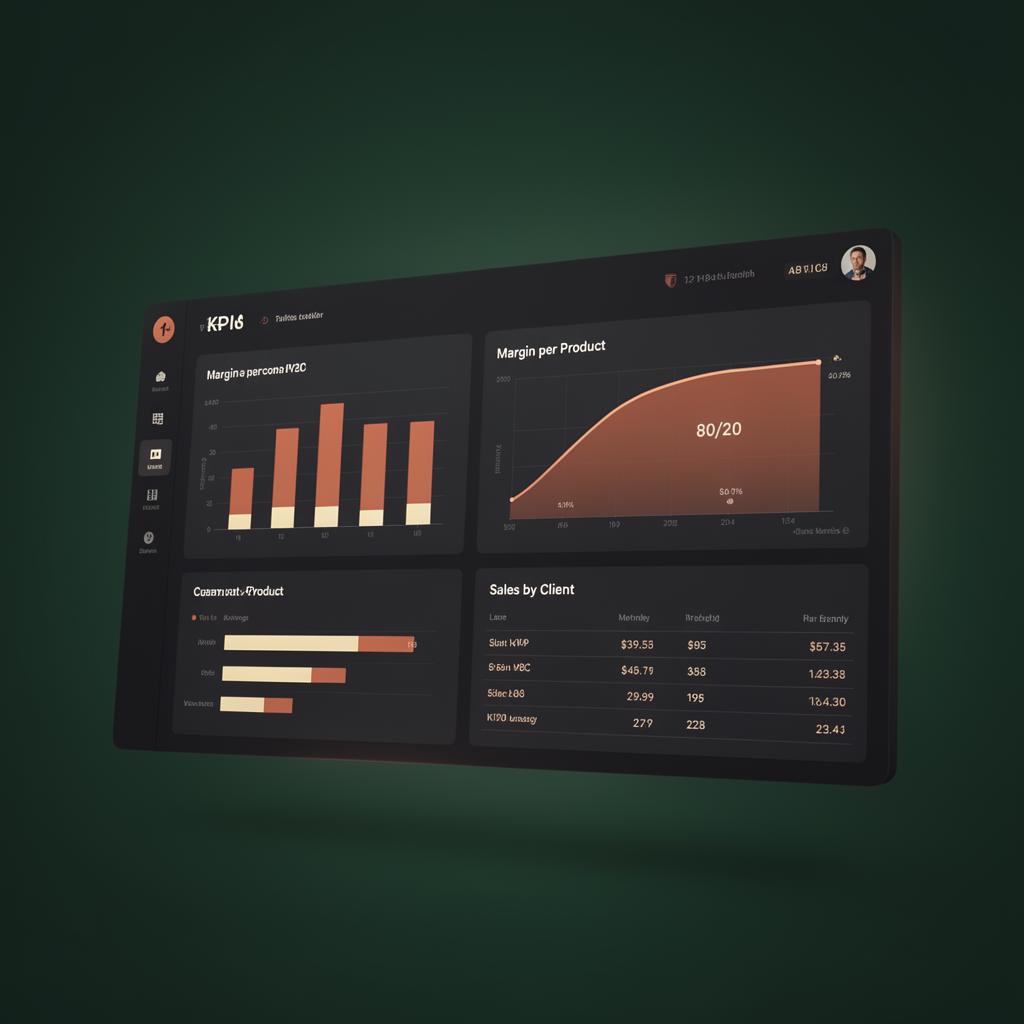 Dashboard com curva 20/80, margem por produto e KPIs comerciais