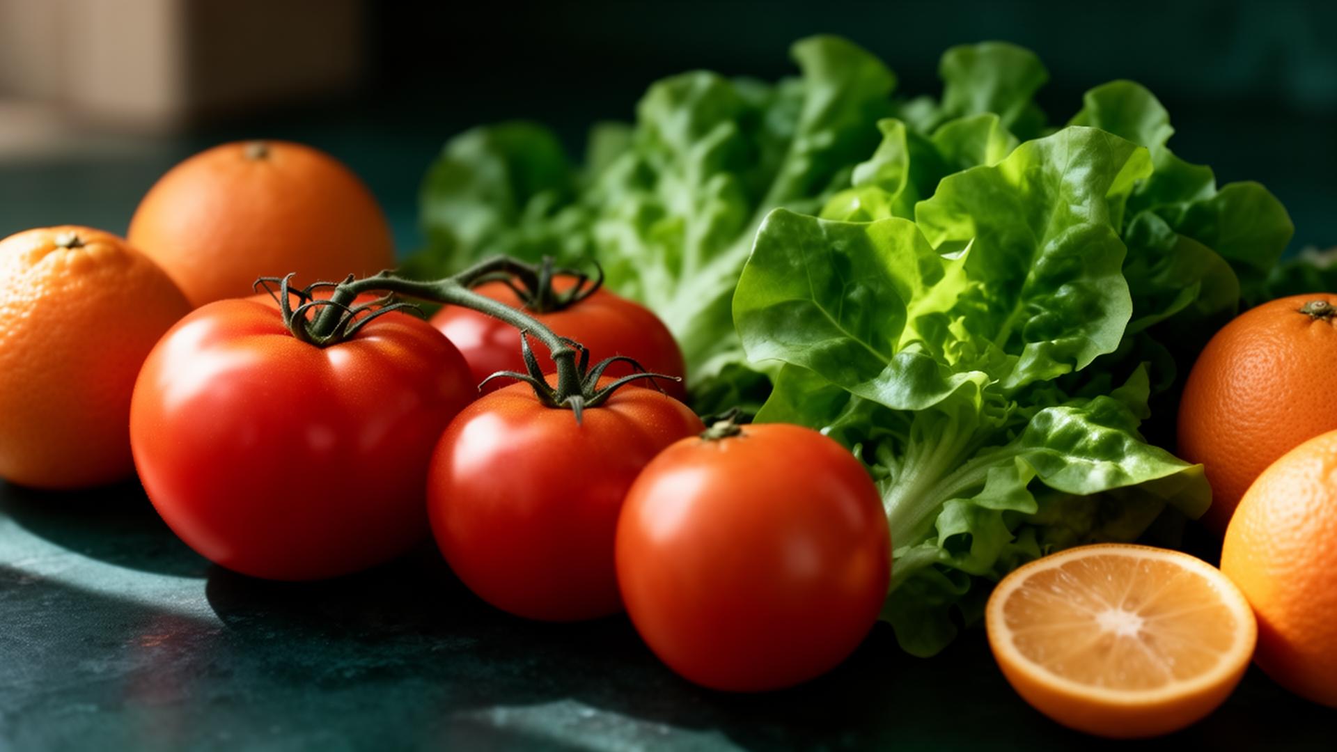 Frutas e legumes frescos sobre superfície escura